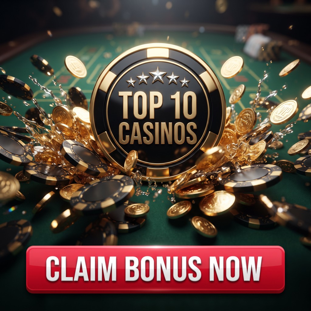 Gold and black casino chips on a green felt table, centered on a chip that reads Top 10 Casinos